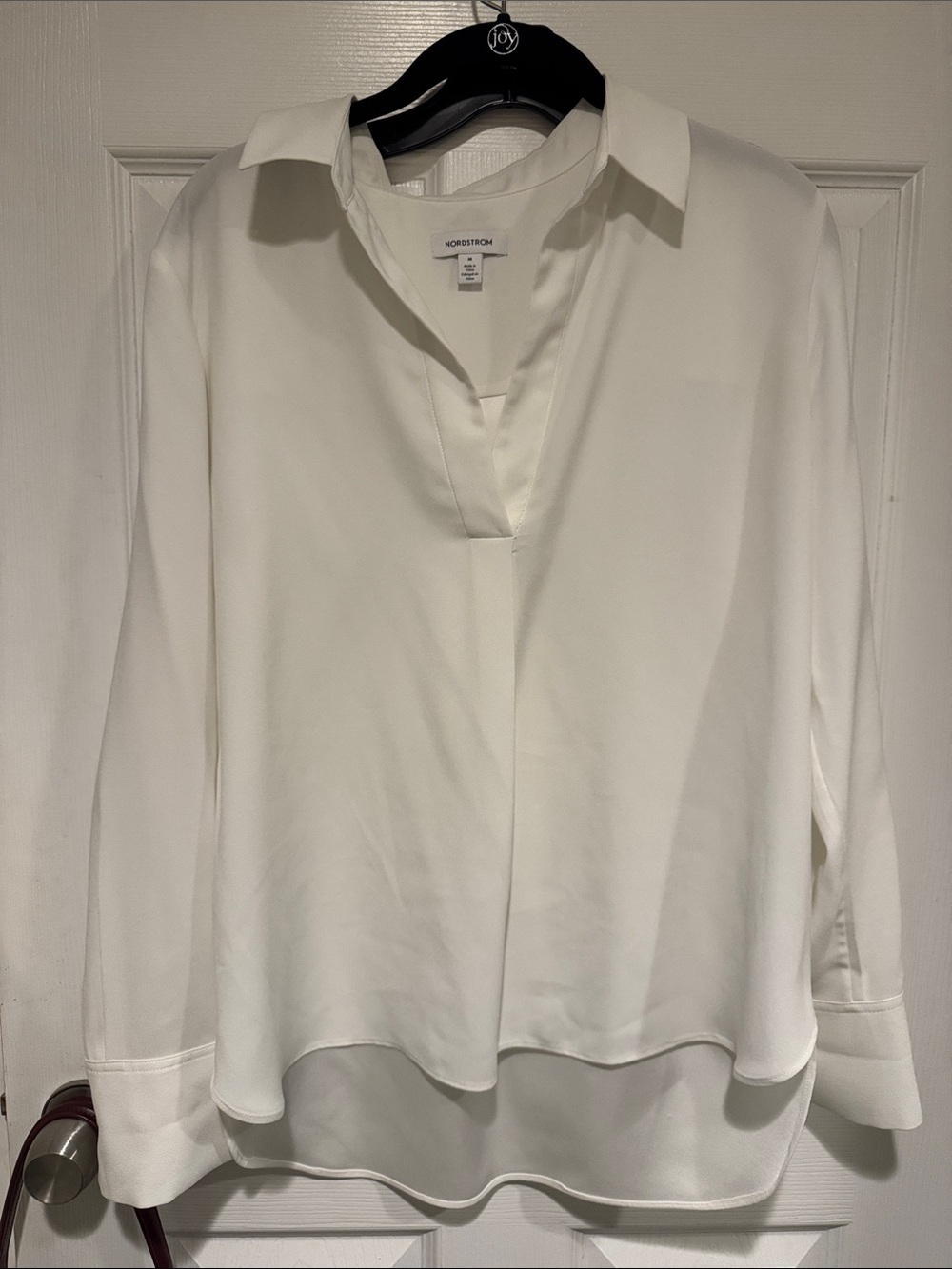 Nordstrom White Collared V-Slit Long-Sleeve Tunic Blouse Medium